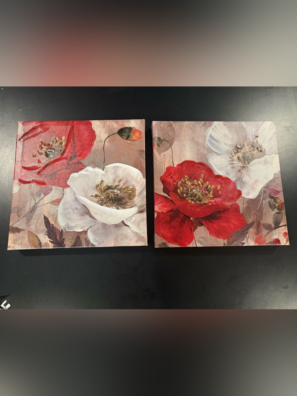 Red and White Poppy Floral Canvas Wall Art Pair - each are 12”x12” Like New